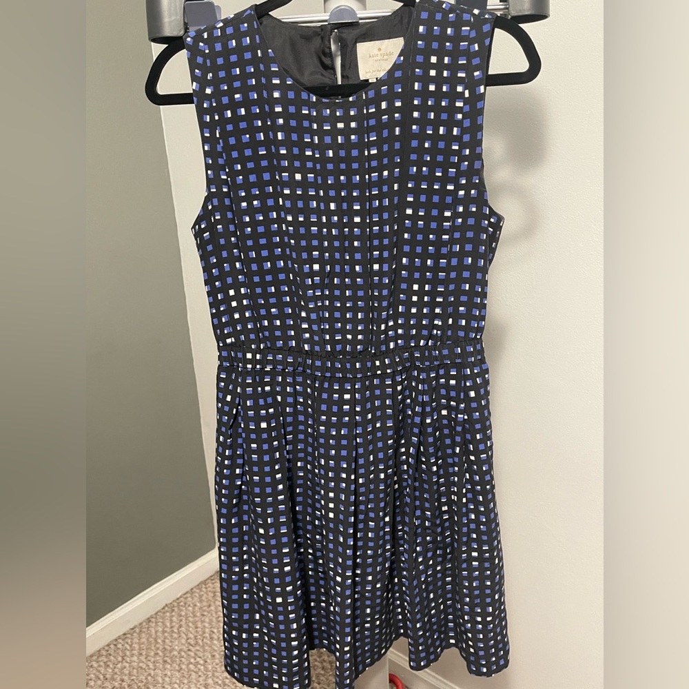 Kate Spade Fit and Flare Navy and Black Check Midi Dress Size 10 POCKETS